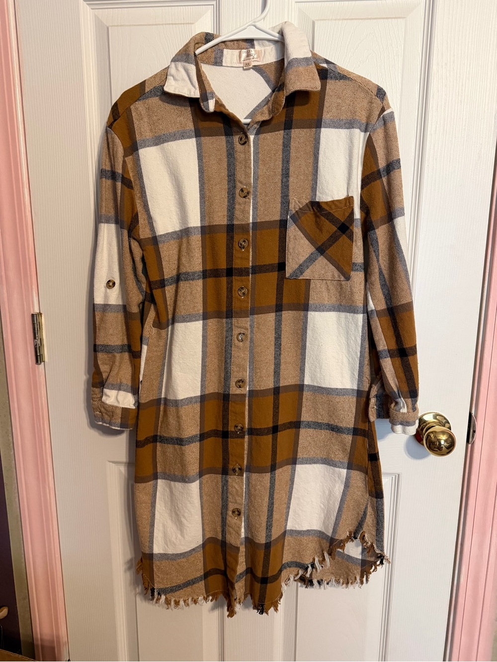 Button-Front Midi Shirt Dress in Tan Plaid